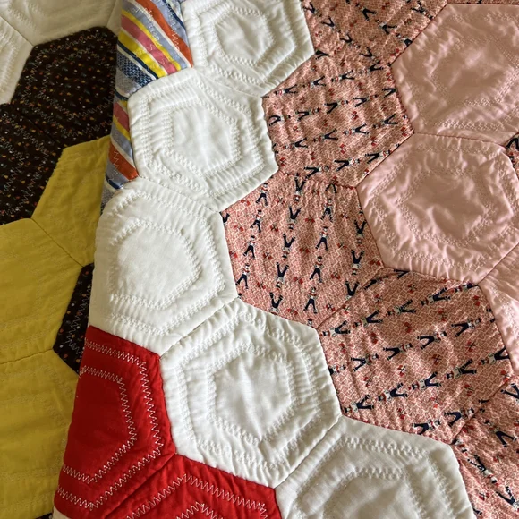 MCM Vintage Colorful Handmade Quilt Octagon Mixed Material 60x94 Flower